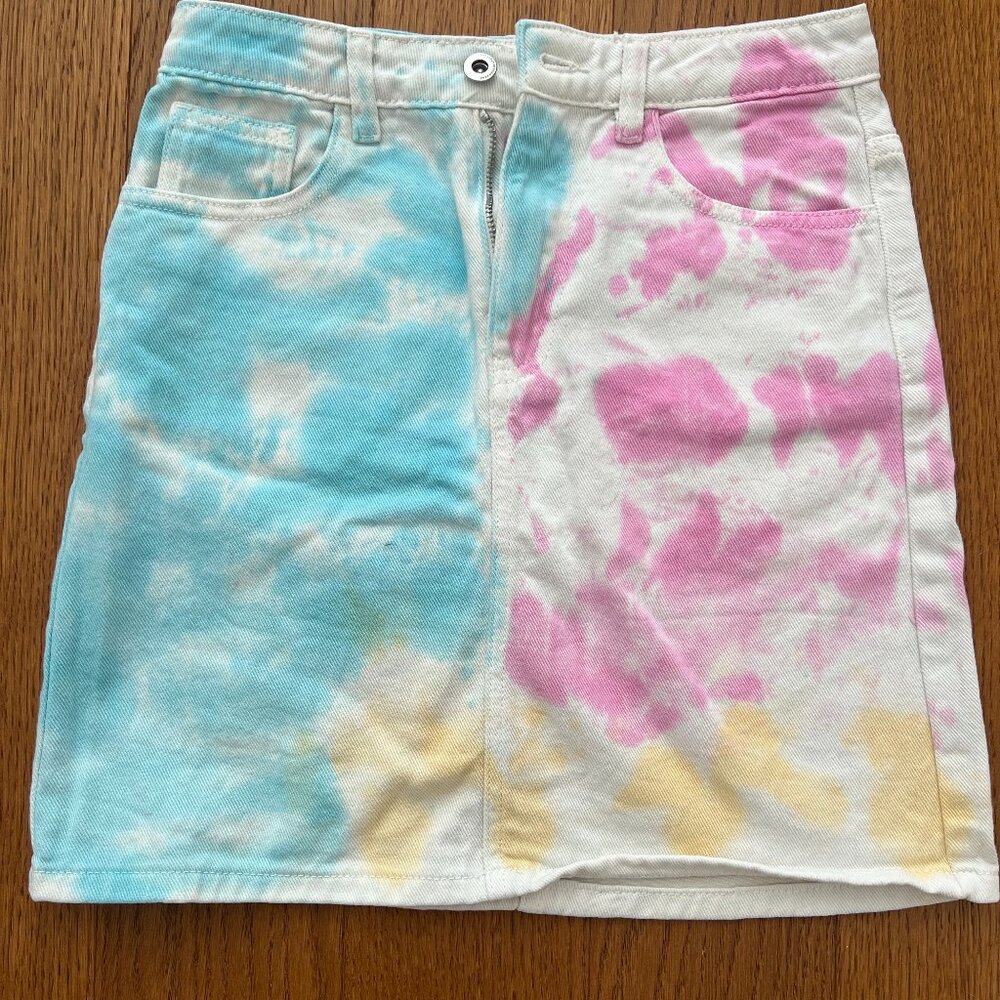 Tie dye mini jean skirt